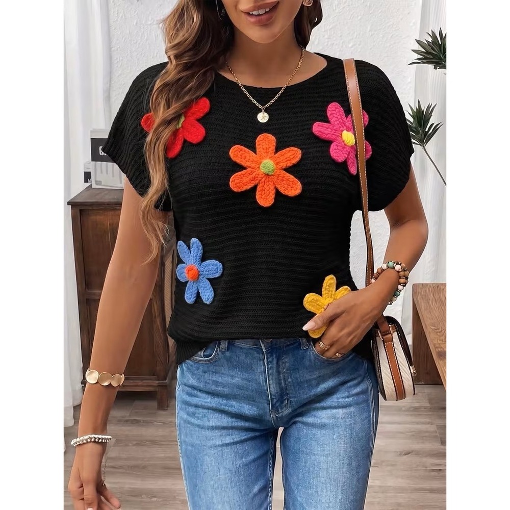 Unbranded Black Knit Short Sleeve Sweater Top Floral Crochet NEW S